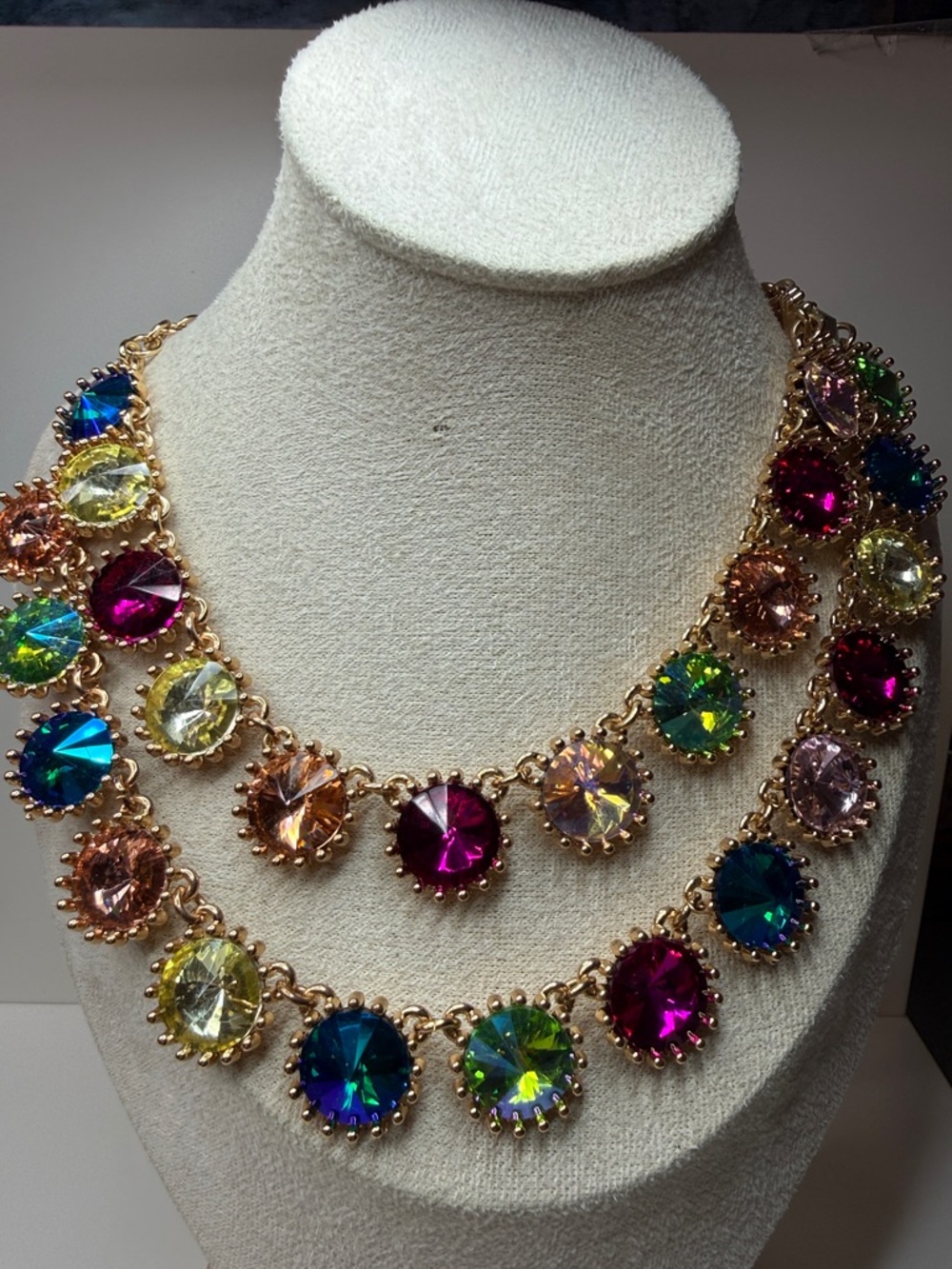 Exceptional rainbow Rivoli Gold-Tone Multicolor Statement Necklace